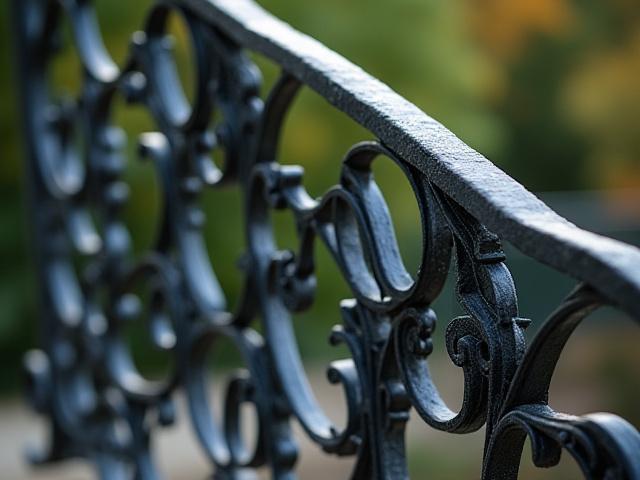 Un magnifique garde-corps en fer forgé orné de volutes et de motifs floraux, dans un style classique.