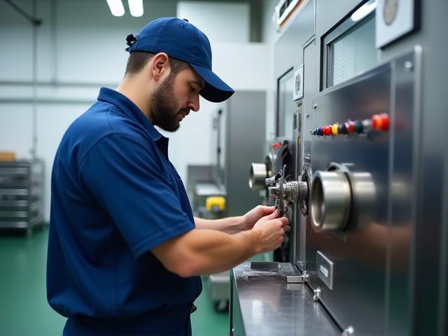Un technicien effectuant la maintenance préventive d'un équipement de boulangerie, vérifiant les courroies et les moteurs.